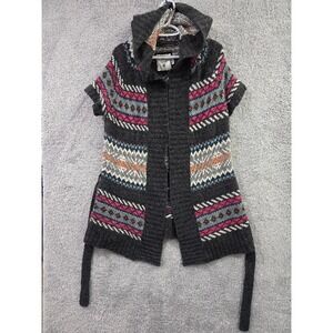 H&M L.O.G.G. Cardigan Women's Medium Grey Fair Isle Hooded Lambs Wool Belted